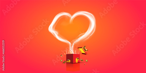 Valentine's day poster design. Open gift box and Hot Heart of smoke coming out on red background.