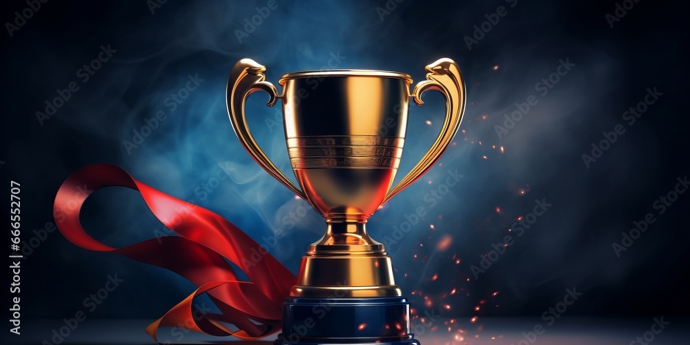 Shining Gold Trophy with Red Ribbon on Dark Background, Isolated Copy Space