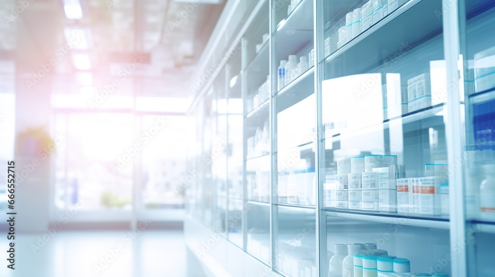 Blurred background of a pharmacy store. Pharmacist and medicine concept. Blurred background of a pharmacy store. Pharmacist and medicine concept.