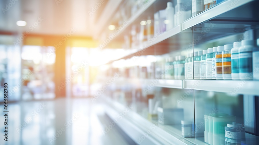 Blurred background of a pharmacy store. Pharmacist and medicine concept. Blurred background of a pharmacy store. Pharmacist and medicine concept.