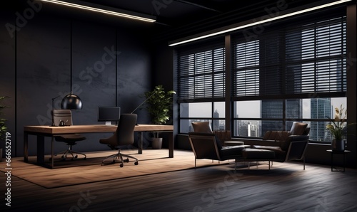 Modern Office with Sleek Gray Design, Wooden Flooring, and Expansive Windows