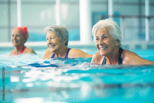 Senior woman active swim pool. Happy retired people smile. Generate Ai