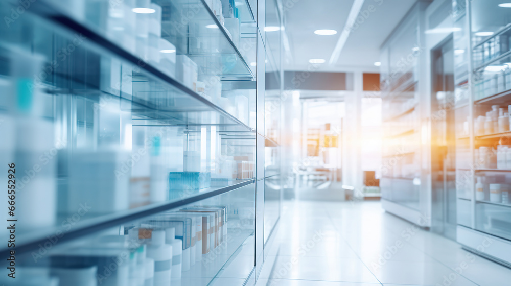 Fototapeta premium Blurred background of a pharmacy store. Pharmacist and medicine concept.