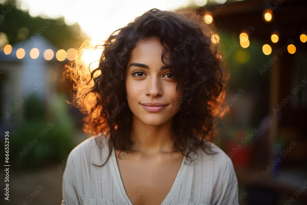Young latin woman in casual clothing in the garden looking at camera, during early morning, Portrait of healthy Mexican girl enjoying nature during sunset, Mindful multiethnic woman enjoy morning Young latin woman in casual clothing in the garden looking at camera, during early morning, Portrait of healthy Mexican girl enjoying nature during sunset, Mindful multiethnic woman enjoy morning