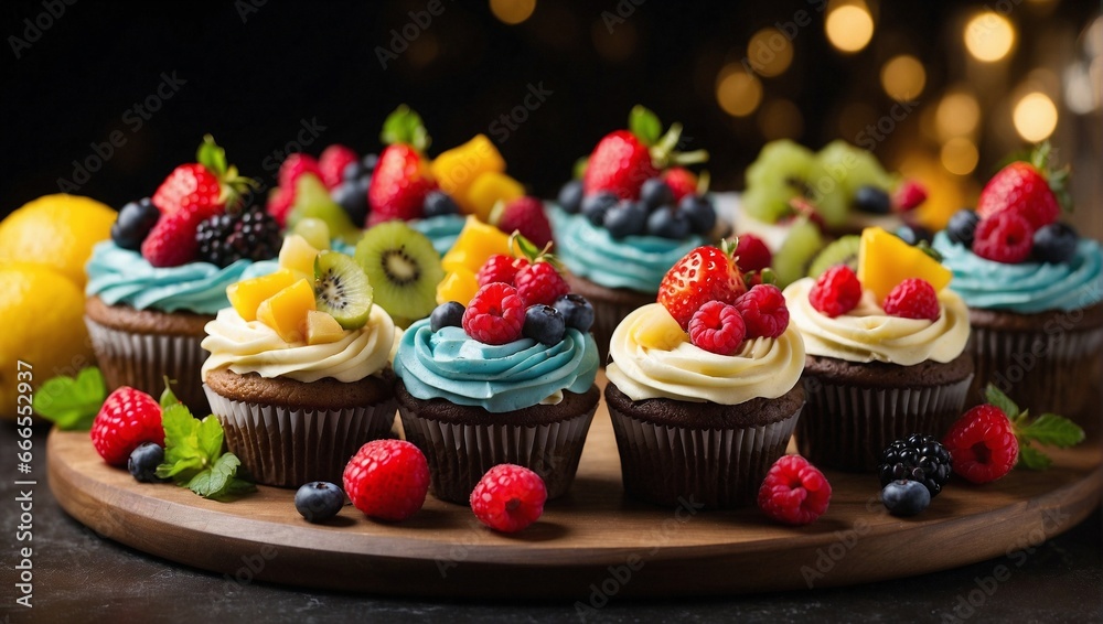 An exquisite arrangement of mouthwatering celebration cupcakes adorned with an assortment of vibrant and fresh fruits.