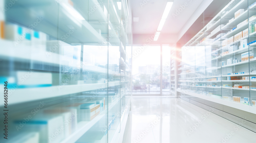 Blurred background of a pharmacy store. Pharmacist and medicine concept. Blurred background of a pharmacy store. Pharmacist and medicine concept.