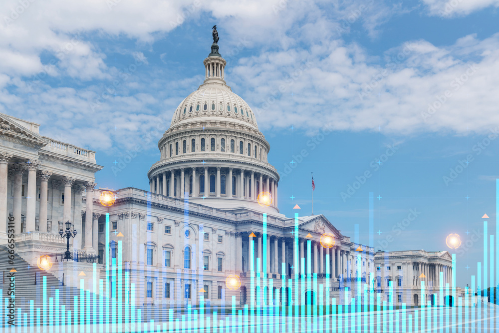 Naklejka premium Skyscrapers Cityscape Downtown View, Washington Skyline Buildings. Beautiful Real Estate. Day time. Forex Financial graph and chart hologram. Business education concept.