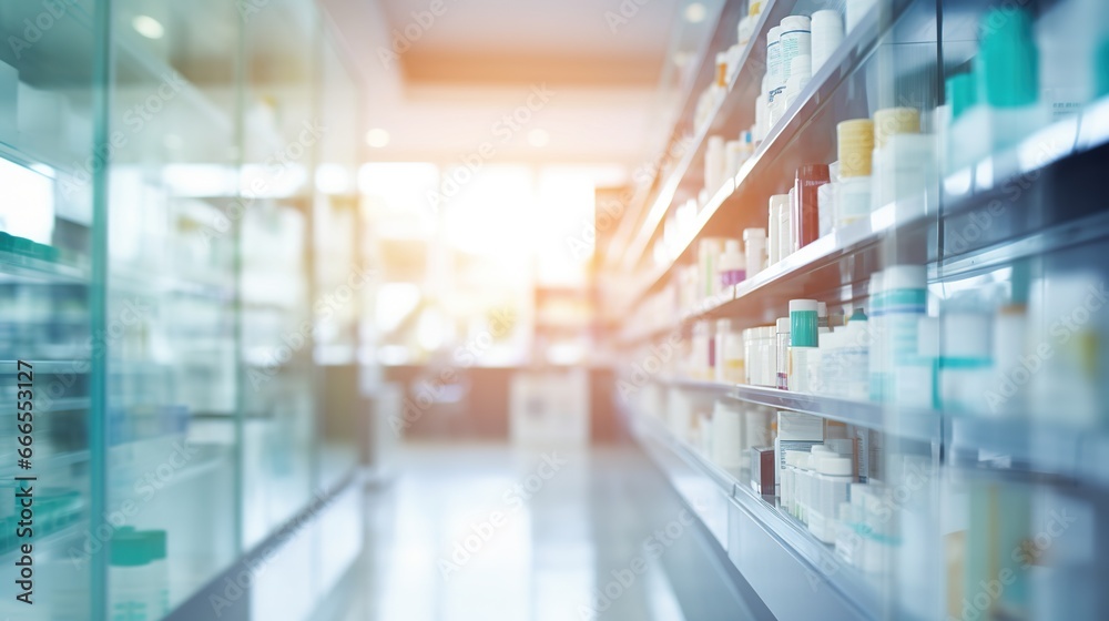 Blurred background of a pharmacy store. Pharmacist and medicine concept.