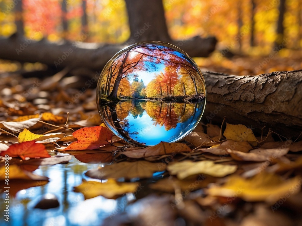 autumn leaves on the ground, glass ball reflection autumn leaves on the ground, glass ball reflection
