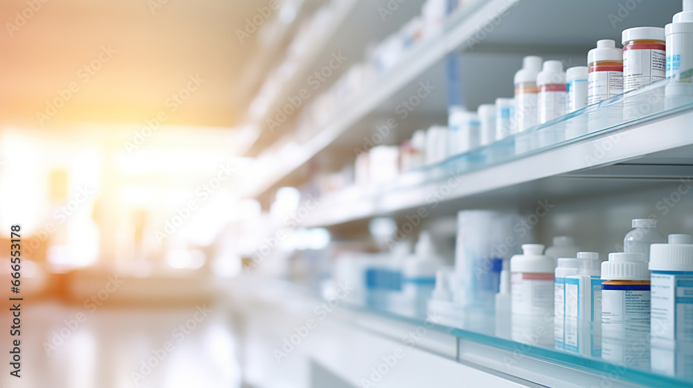 Blurred background of a pharmacy store. Pharmacist and medicine concept. - obrazy, fototapety, plakaty 