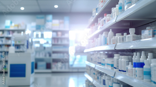 Blurred background of a pharmacy store. Pharmacist and medicine concept. photo