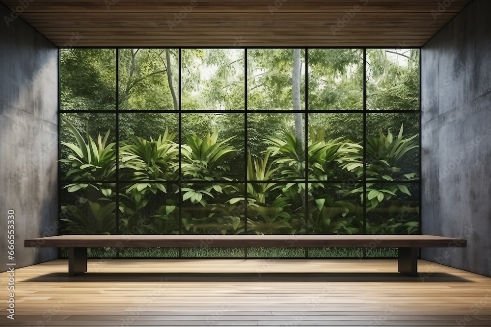 mockup of Empty room with large window to see wooden courtyard and green tropical tree wall background 3d render illustration. generative ai. - obrazy, fototapety, plakaty 