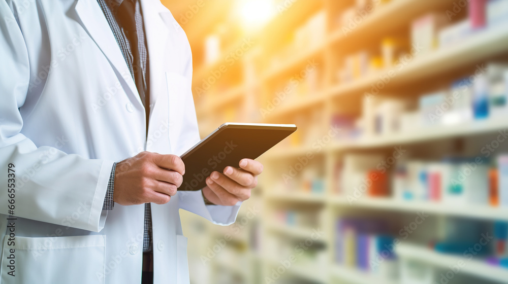 Happy young male pharmacist working in the pharmacy, holding a box of medications and using a tablet. Healthcare and medicine concept. Happy young male pharmacist working in the pharmacy, holding a box of medications and using a tablet. Healthcare and medicine concept.