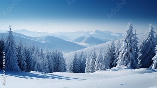 A panoramic view of the covered with frost trees in the snowdrifts. Magical winter forest. Natural landscape with beautiful sky