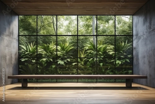 mockup of Empty room with large window to see wooden courtyard and green tropical tree wall background 3d render illustration. generative ai. photo