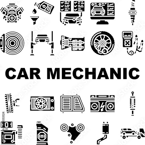 car mechanic auto icons set vector. garage repair, service maintenance, technician worker, man shop, engine, vehicle car mechanic auto glyph pictogram Illustrations