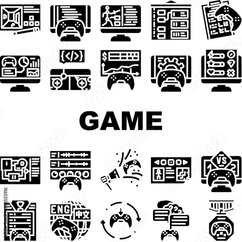game development software icons set vector. computer screen, industry technology, office people, young code, program developer game development software glyph pictogram Illustrations