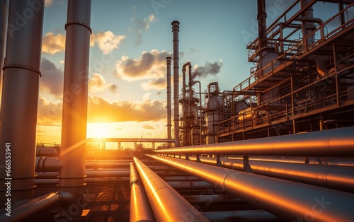 Industrial Process of Boilers and Pipes with Sunset Lighting