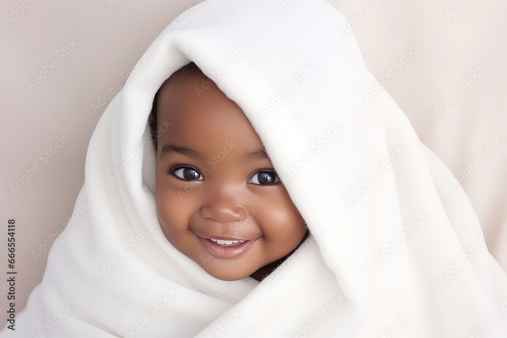 African Baby Wrapped In White Blanket, Smiling African Baby Wrapped In White Blanket, Smiling