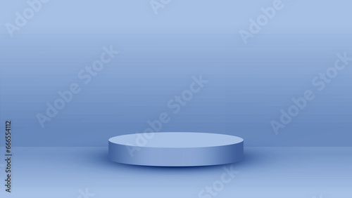 One blue pastel round pedestal podium that rounded edges.For place goods cosmetics cartoon model design fashion food drink fruit or technical tools advertising.3D illustration.