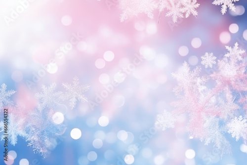 a blurry photo of snow flakes on a blue and pink background. generative ai