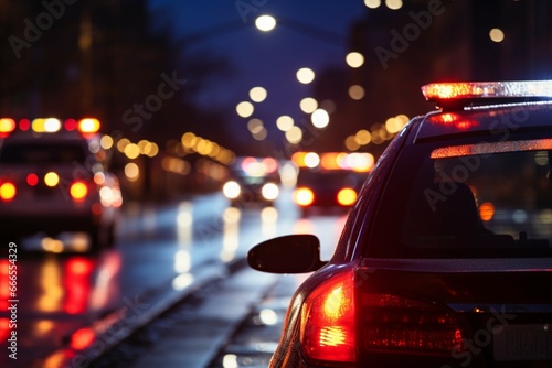 Selective focus on police car lights in a city at night with bokeh effect