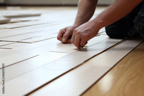 Elegant Wood Floor Installation with White Gloved Hands and Wooden Tape