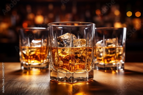 Whiskey glass on a bar table, containing brown liquor and ice