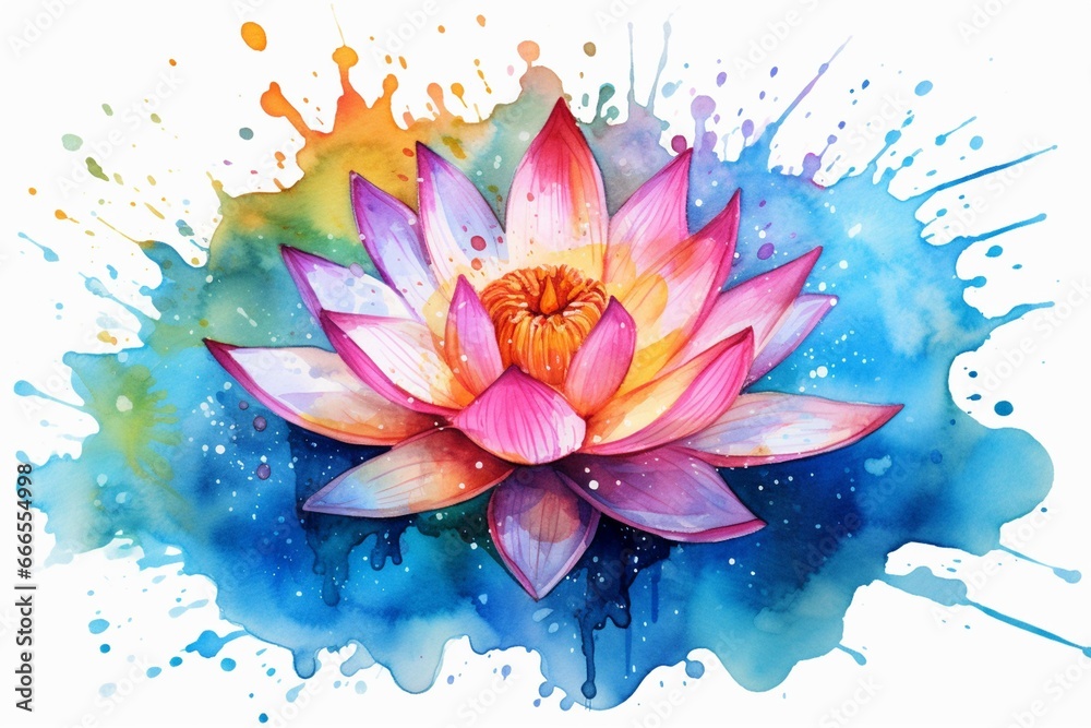 Vibrant watercolor lotus flower with splashes. Generative AI - obrazy, fototapety, plakaty 