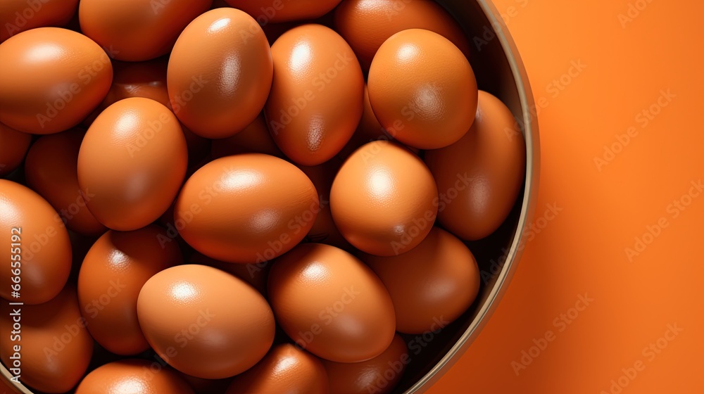a bowl filled with brown eggs on an orange background,. generative ai a bowl filled with brown eggs on an orange background,. generative ai