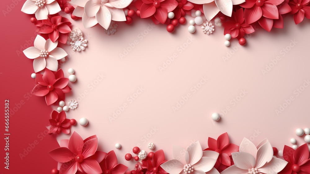  a red and white background with flowers and pearls on it.  generative ai