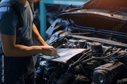 Skilled male mechanic inspecting automobile engine part in a well-equipped garage