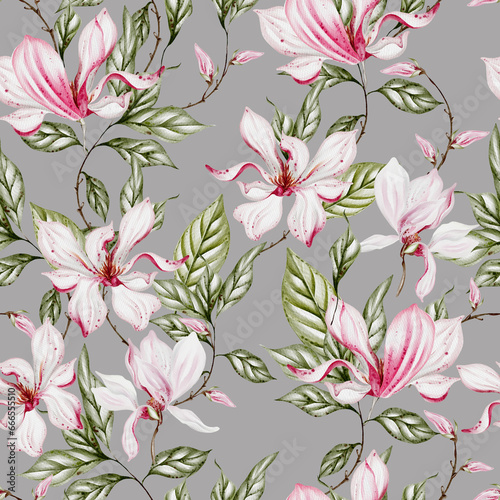 Watercolor seamless pattern with  pink magnolia flowers and leaves.