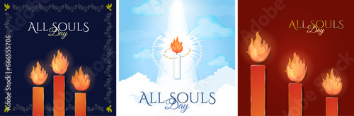 All Souls' Day Artworks. Red and gold candles. November 2. Decorative Candle with burning flame in sky. Vector Illustration