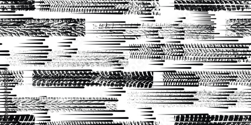 Tire track seamless pattern. Grange tread marks Textured vector car tread and fast lines . Trails endless pattern with speed lines. Tyre track seamless texture . Wheel tire tread track background
