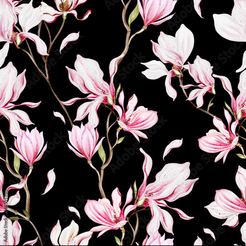 Fototapeta Naklejka Na Ścianę i Meble -  Watercolor seamless pattern with  pink magnolia flowers and leaves.