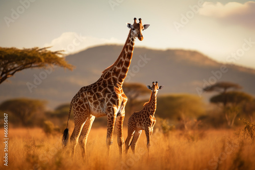 Giraf mom with baby wildlife animal in africa with savanna background © Golden House Images