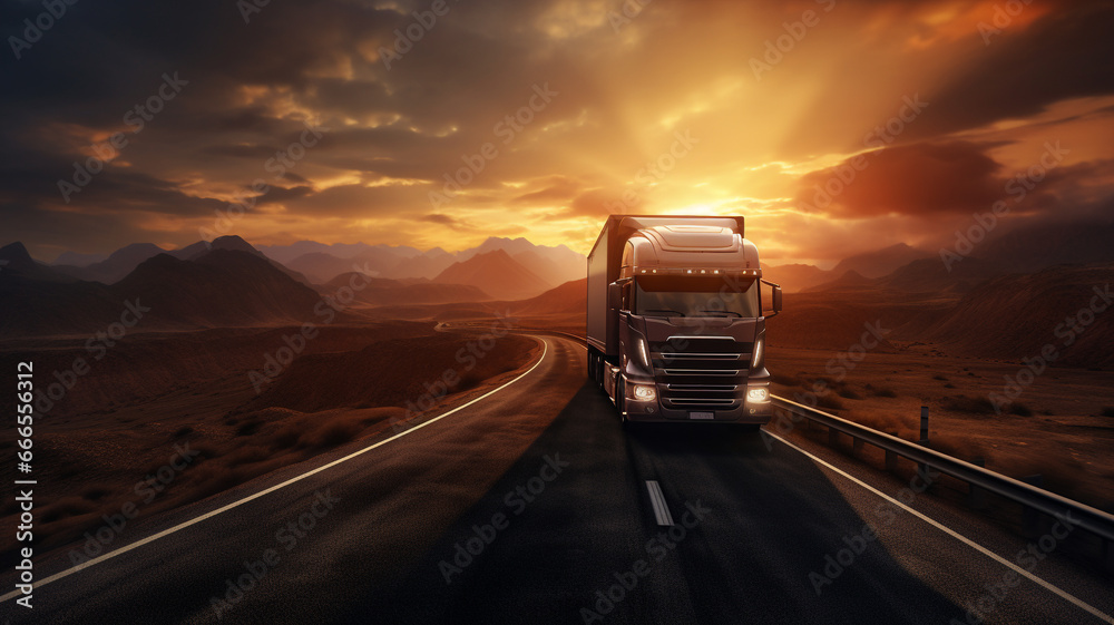 Top view of logistic transport truck with sun rising background.