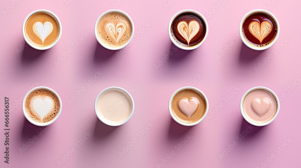  a group of coffee cups filled with different types of heart shapes.  generative ai