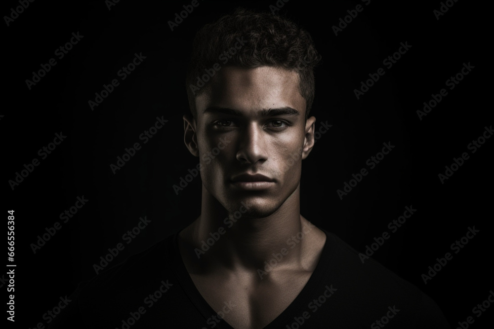 Young handsome multi-ethnic man against black background in black and white