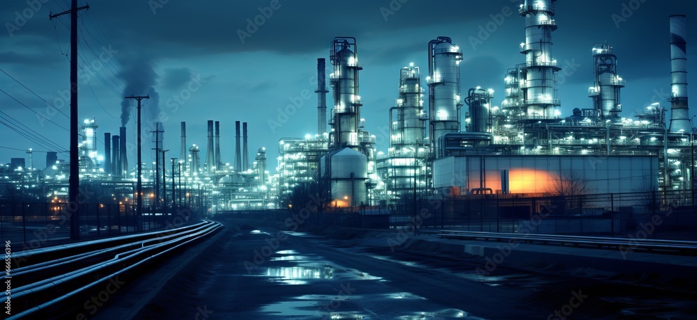Industrial skyline with oil refineries in an urban city, pollution, smokestacks, steel structures, copy space