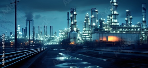 Industrial skyline with oil refineries in an urban city  pollution  smokestacks  steel structures  copy space
