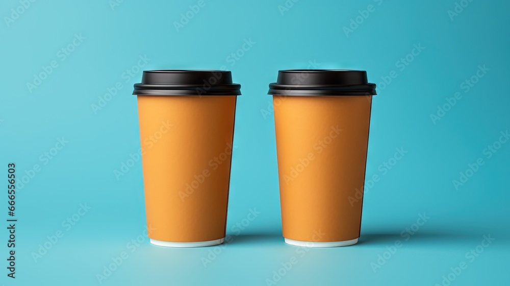  two coffee cups sitting side by side on a blue background.  generative ai