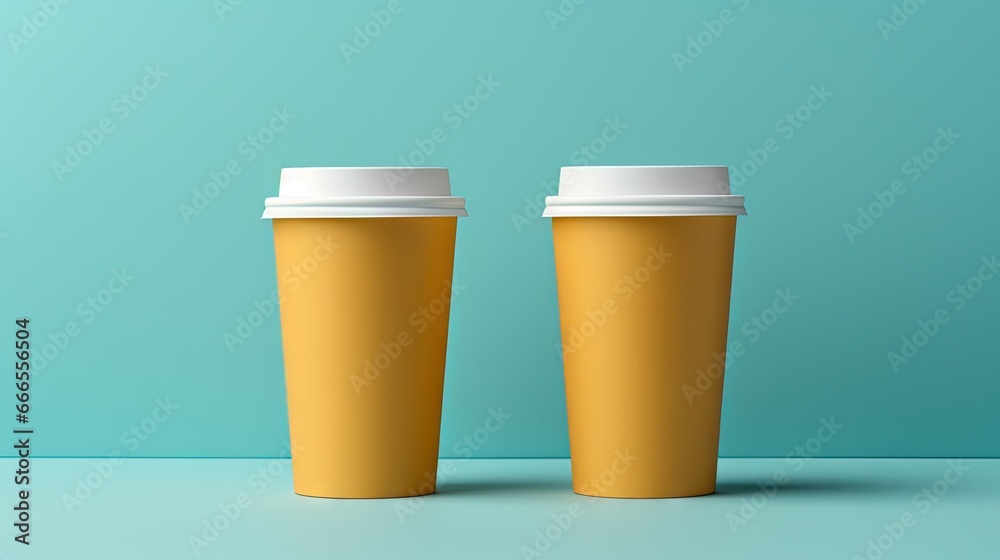 two coffee cups sitting side by side on a blue surface. generative ai two coffee cups sitting side by side on a blue surface. generative ai