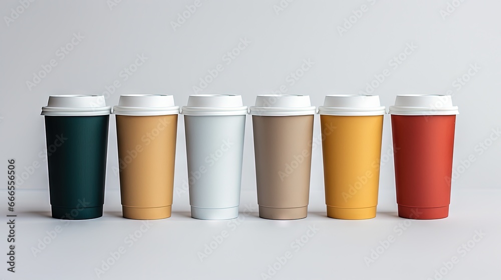 a row of different colored coffee cups sitting next to each other. generative ai a row of different colored coffee cups sitting next to each other. generative ai