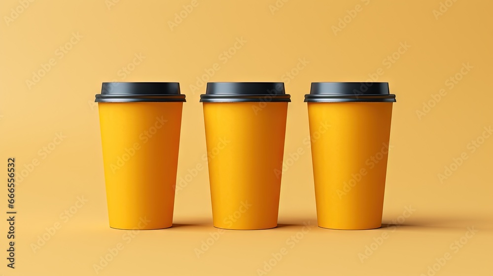 three yellow coffee cups with black lids on a yellow background. generative ai three yellow coffee cups with black lids on a yellow background. generative ai