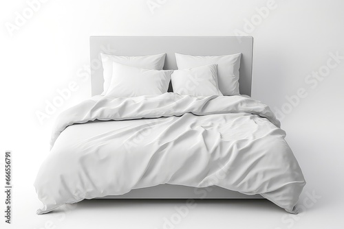 Blank White Bed Mockup, Isolated With Pillows And Blankets photo