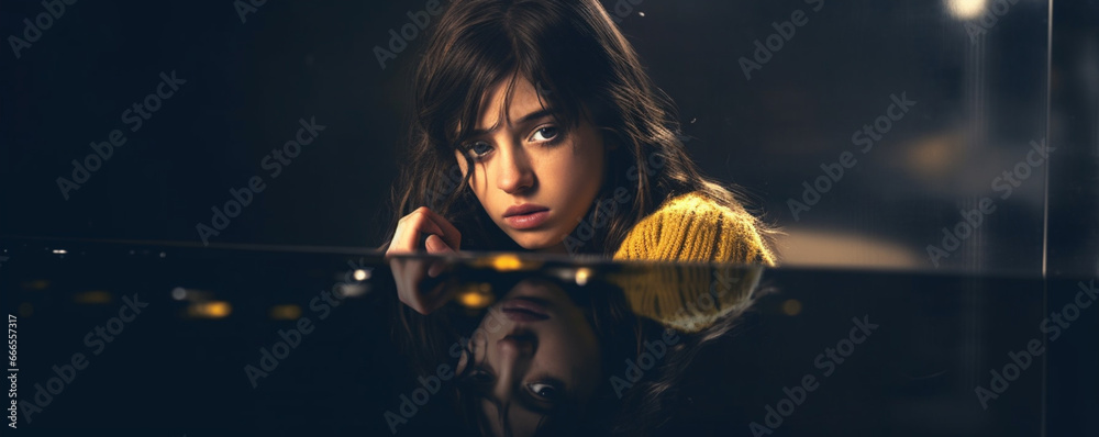 Young girl with a depressed and sad face with her face reflected in a glass