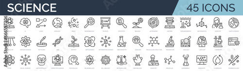Set of 45 outline icons related to science. Linear icon collection. Editable stroke. Vector illustration