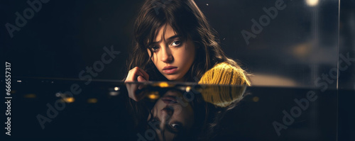 Young girl with a depressed and sad face with her face reflected in a glass